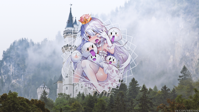 Booette from Mario series with Boos in front of a castle