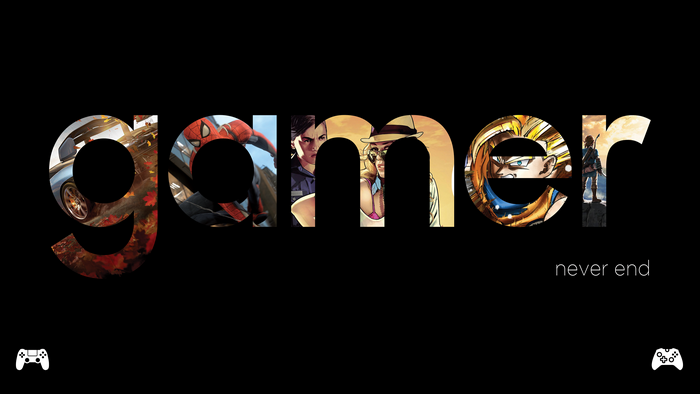 Gamer typography with Spider-Man, Grand Theft Auto V, Dragon Ball Z, and Zelda characters