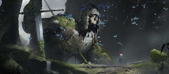 Giant skeleton warrior covered in moss with butterflies and a lone traveler