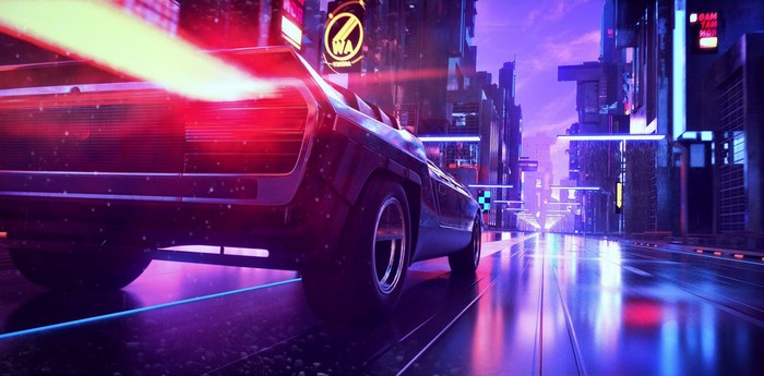 Synthwave car driving through a neon city street