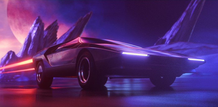 Synthwave car with pop-up headlights on alien planet