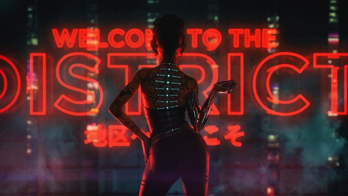 Cyberpunk character in front of neon sign