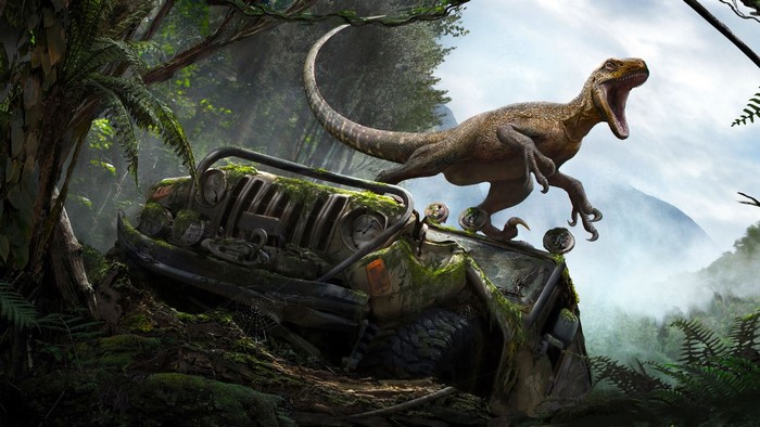 Dinosaur on a wrecked Jeep in a jungle