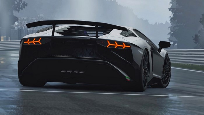 Lamborghini Aventador SVJ on a wet race track
