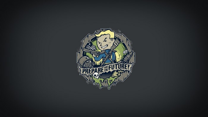 Vault Boy from Fallout holding weapons and a flag