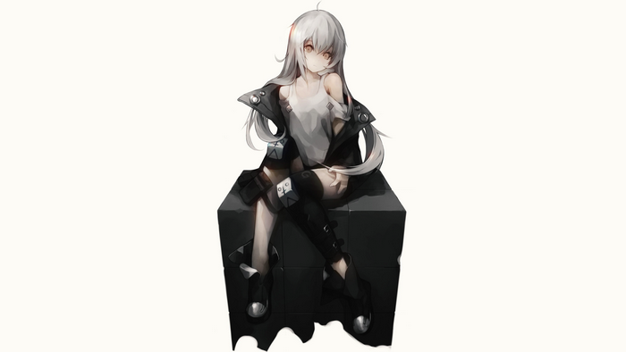 G11 from Girls Frontline sitting on a black cube