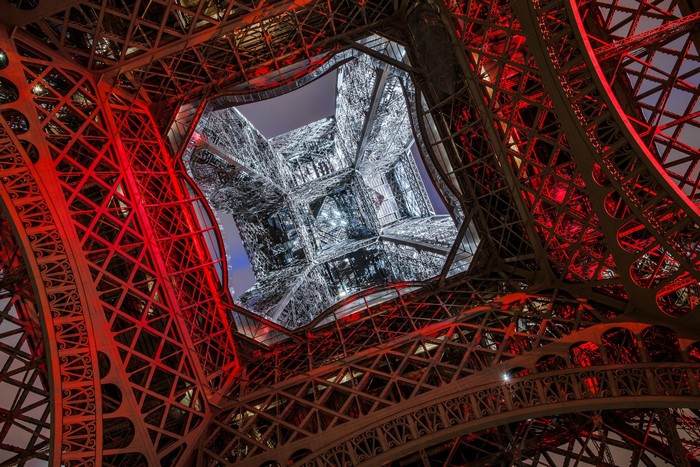 Eiffel Tower at Night with Red Illumination, Worm's Eye View