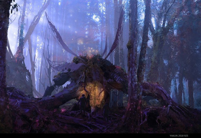 Fantasy forest with glowing creature and figures