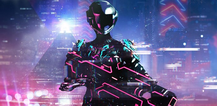 Mag from Warframe in a neon cyberpunk city