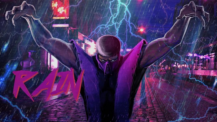 Rain from Mortal Kombat in a neon city