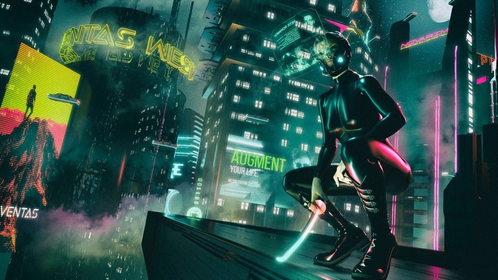 Cyberpunk woman in futuristic city