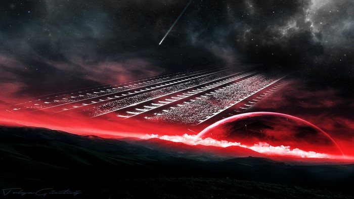Surreal space landscape with train tracks and a red planet