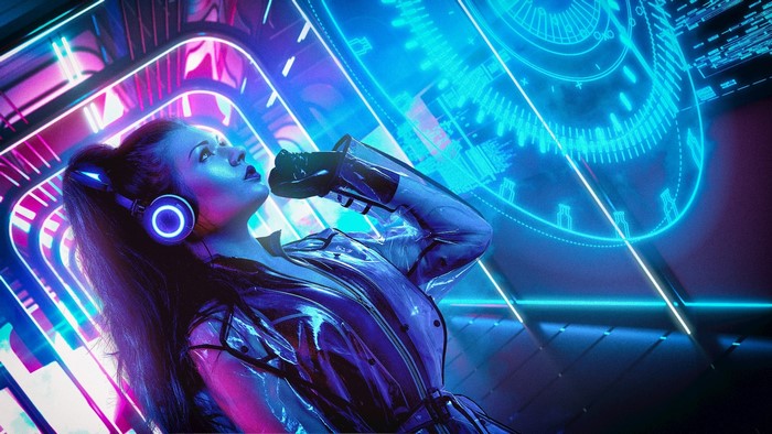 Woman with headphones in a futuristic neon environment