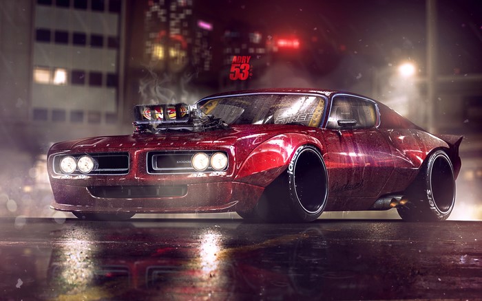 Red Dodge Car on Wet City Street at Night