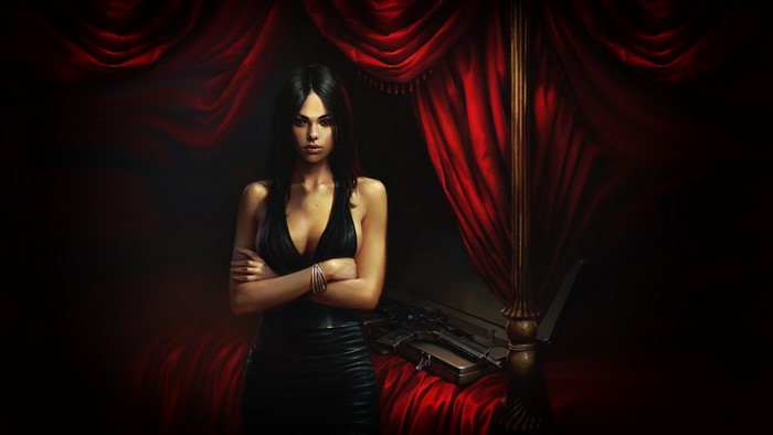 Woman in black dress with guns