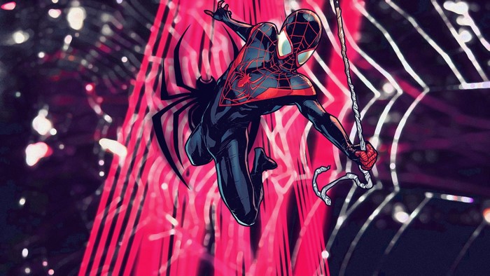 Miles Morales as Spider-Man swinging through a city