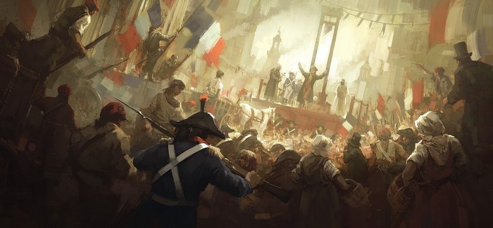 French Revolution scene with guillotine and crowd