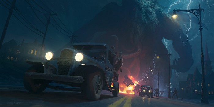 Cthulhu attacks a city with lightning and cars