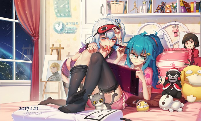 Two girls drawing in a bedroom with a view of space