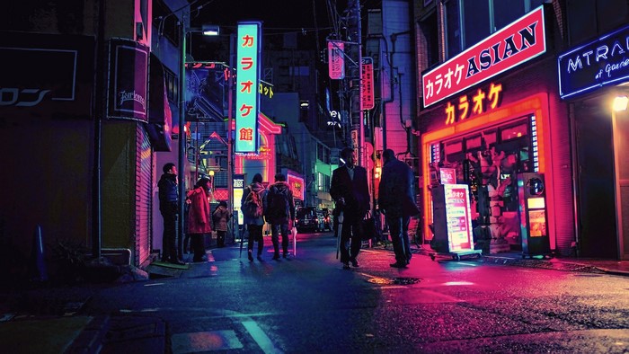 Night street with neon lights in Japan