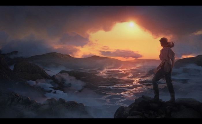 Artwork by Rene Aigner: Woman overlooking a misty landscape at sunset