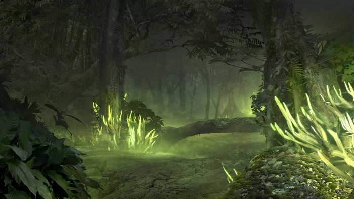 Concept art of a bioluminescent jungle from XCOM 2