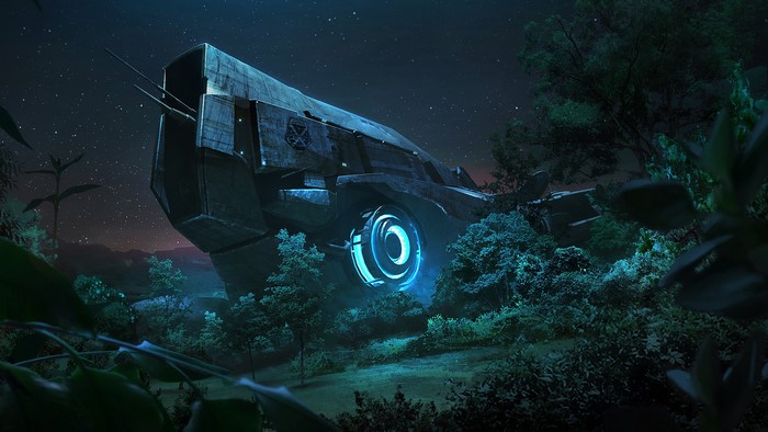 Crashed spaceship in a forest at night