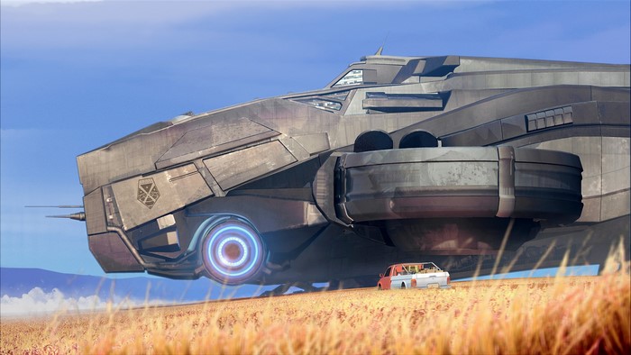 XCOM 2 concept art of a large spaceship and a car