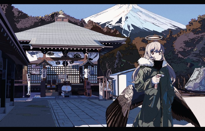 Anime girl with wings at a Japanese shrine with Mt. Fuji