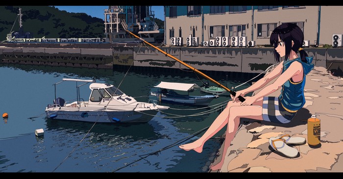 Anime girl fishing by the dock