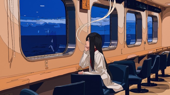 Anime girl smoking and drinking coffee on a train