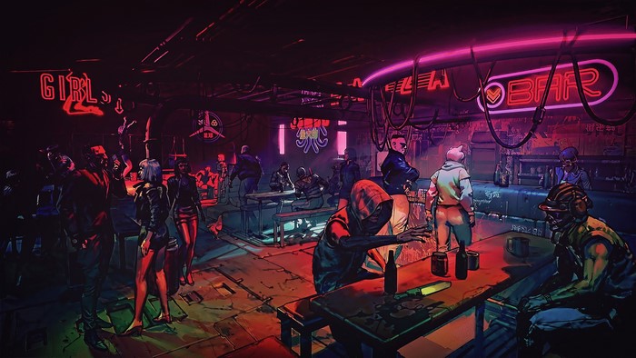 Cyberpunk bar scene with neon lights