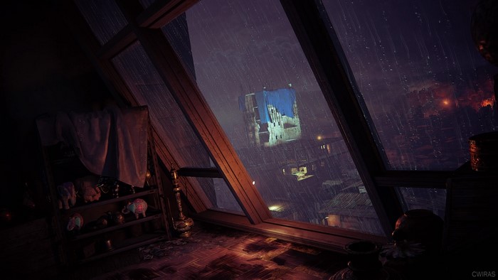 Room overlooking a city during a rainstorm