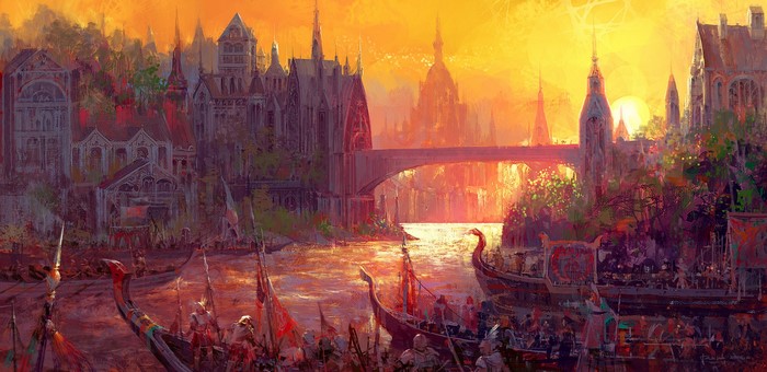 Digital artwork of a medieval city with boats at sunset