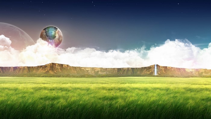 Fantasy landscape with planets and waterfall