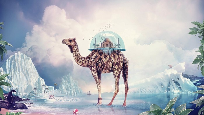Camel with Taj Mahal on its back in an icy landscape