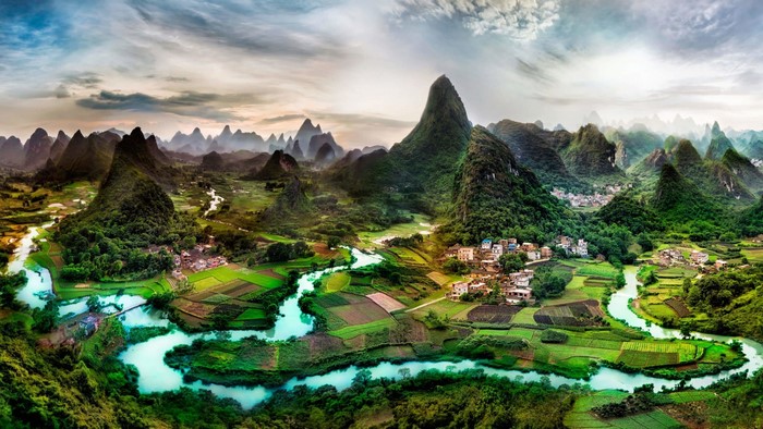 Karst landscape with Li River and villages, China