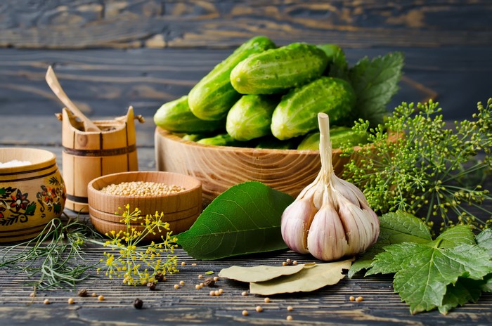 Pickles, Cucumbers, Garlic, and Spices for Pickling