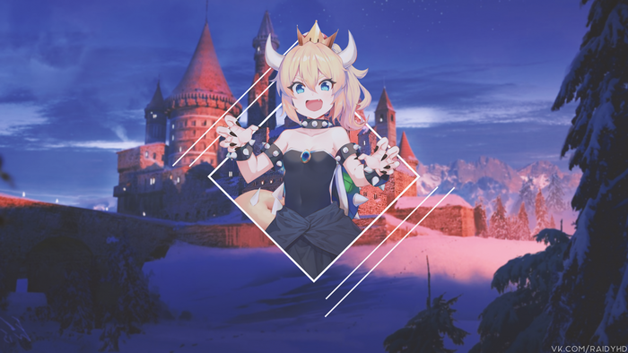 Bowsette from Super Mario in front of Hogwarts