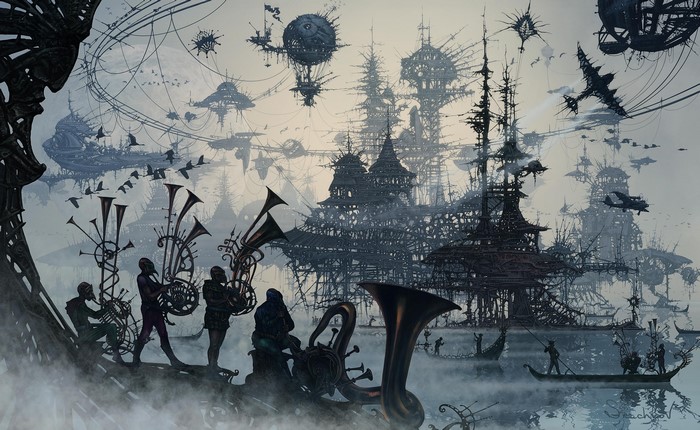Steampunk fantasy city with musicians and airships