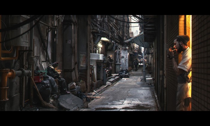 Cyberpunk alleyway with a man smoking