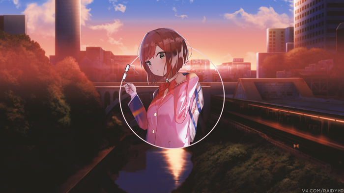 Anime girl in pink jacket with glasses