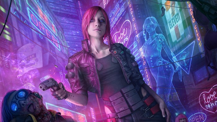 Woman with pink hair and gun in a neon city