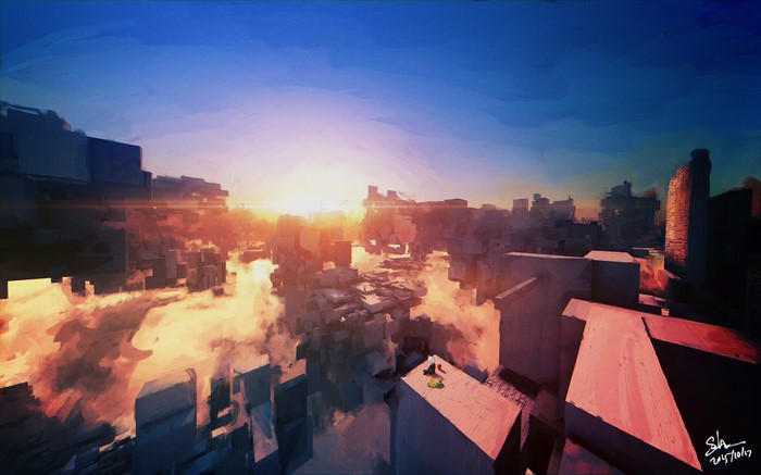 Digital painting of a futuristic city at sunset