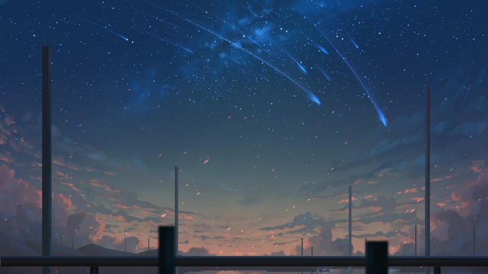 Anime painting of a starry night sky with meteors