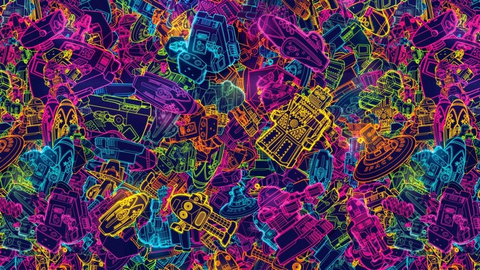 Colorful robot artwork with neon outlines
