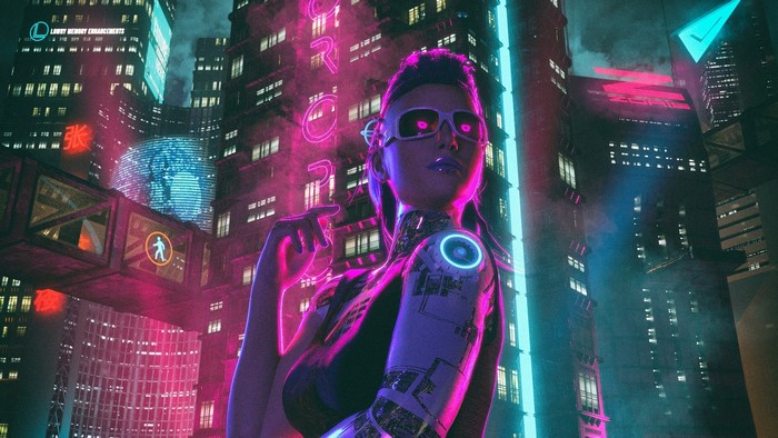 Cyberpunk woman with robotic arm in neon city