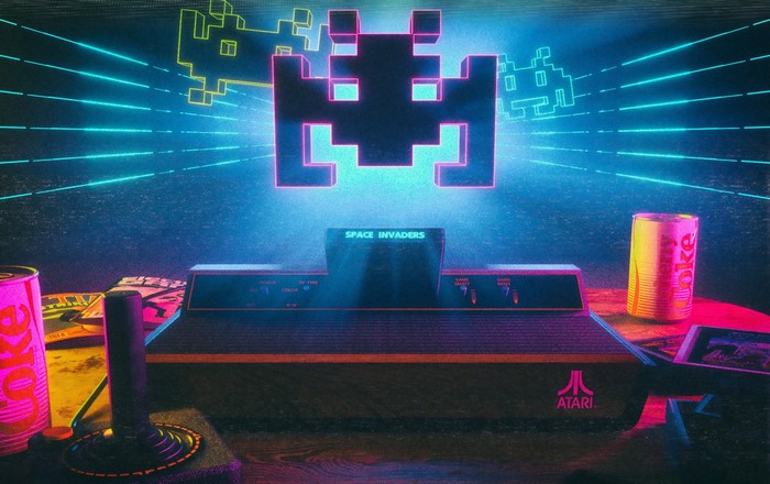 Atari Space Invaders retro gaming setup with Cherry Coke