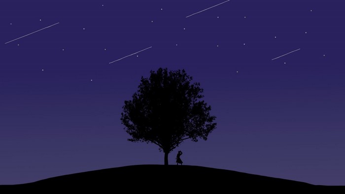 Silhouette of a girl under a tree at night
