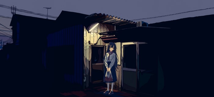 Anime girl standing outside a building at night